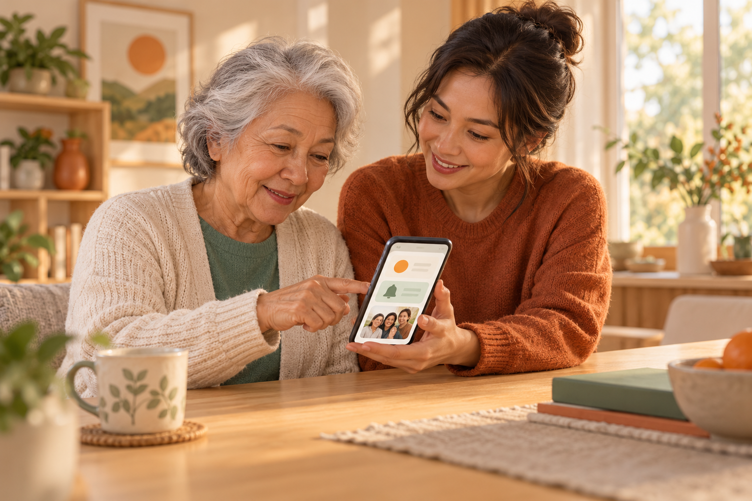 Concept of an older adult and caregiver using a support app