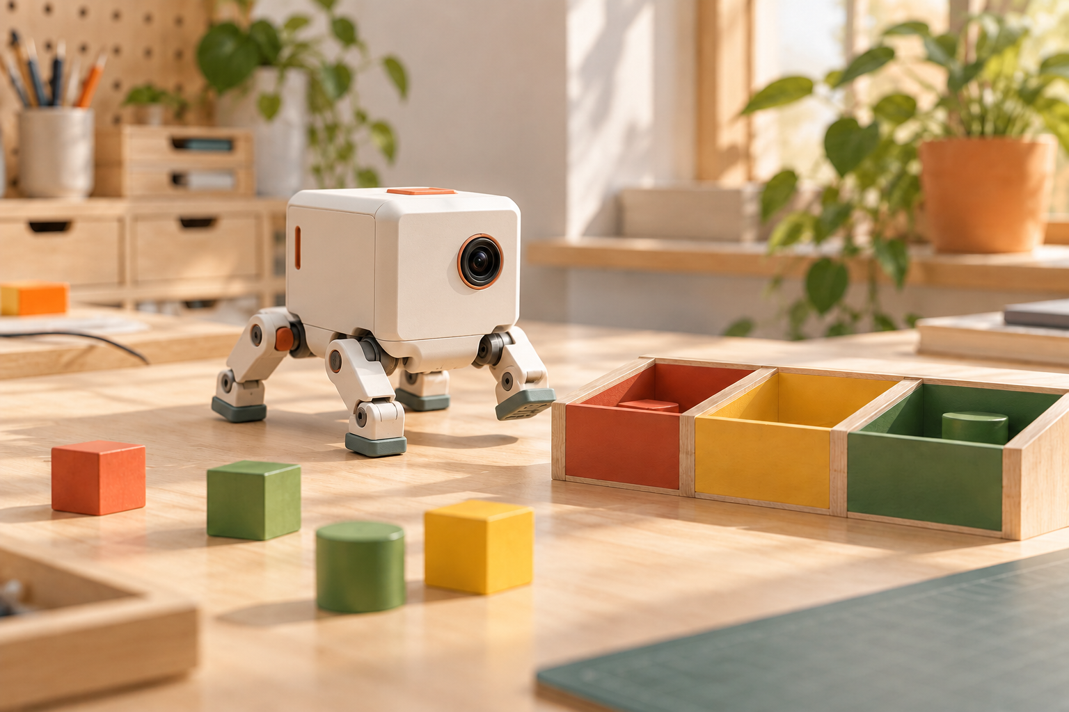 Concept of a small camera-equipped cube robot walking on four short legs